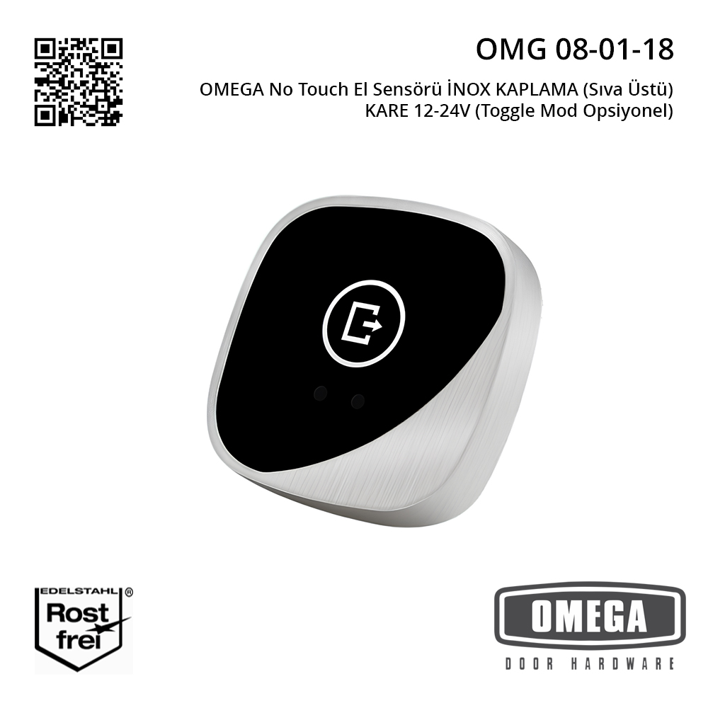 OMEGA No Touch El Sensörü INOX Kaplama (Sıva Üstü) Kare 12-24V – Toggle Mod Opsiyonel