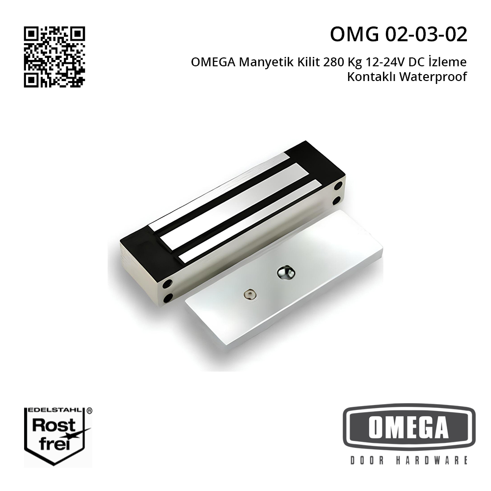 OMEGA Manyetik Kilit 280 Kg 12-24V DC İzleme Kontaklı Waterproof