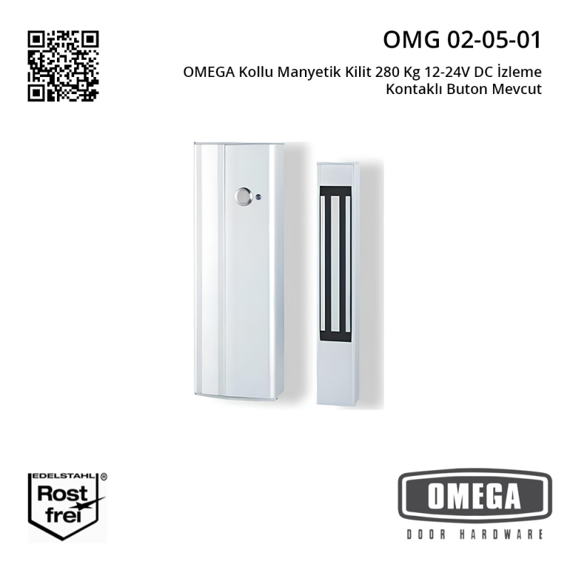 OMEGA Kollu Manyetik Kilit 280 Kg 12-24V DC İzleme Kontaklı Buton Mevcut