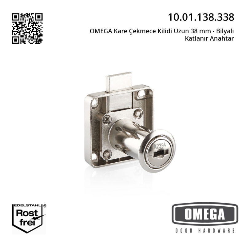 OMEGA Kare Çekmece Kilidi Uzun 38 mm - Bilyalı Katlanır Anahtar