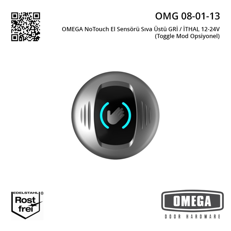 OMEGA NoTouch El Sensörü Sıva Üstü GRİ / İTHAL 12-24V (Toggle Mod Opsiyonel)