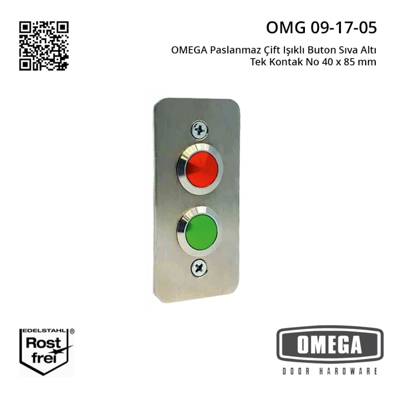 OMEGA Paslanmaz Çift Işıklı Buton Sıva Altı Tek Kontak No 40 x 85 mm