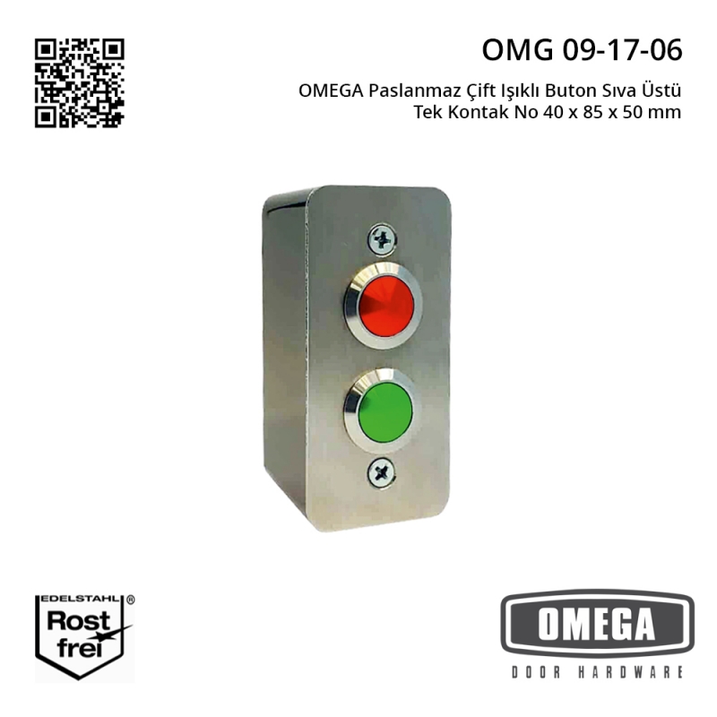 OMEGA Paslanmaz Çift Işıklı Buton Sıva Üstü Tek Kontak No 40 x 85 x 50 mm