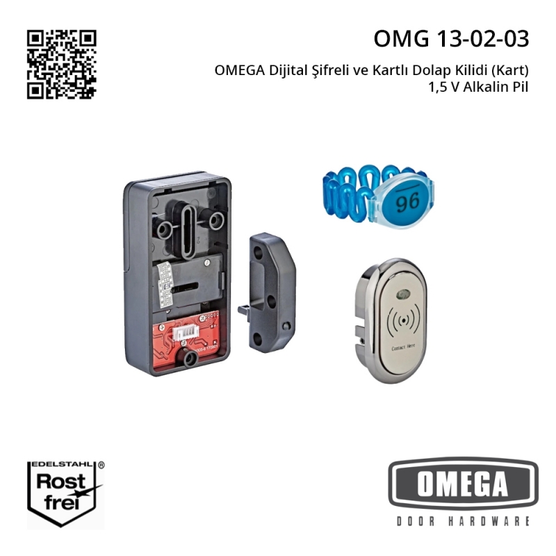 OMEGA Dijital Şifreli ve Kartlı Dolap Kilidi (Kart) 1,5 V Alkalin Pil