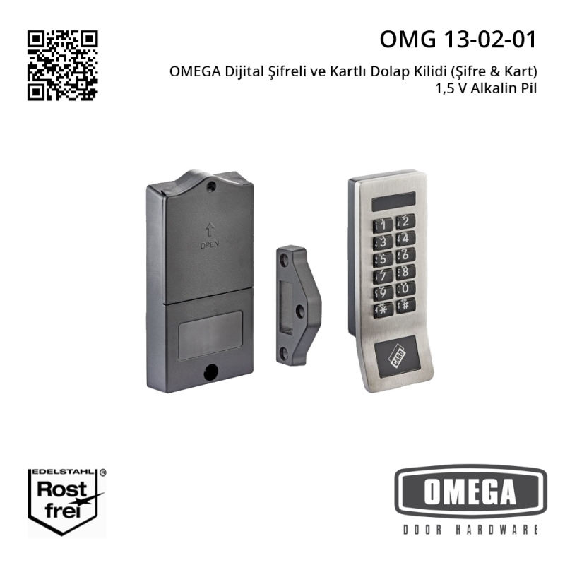 OMEGA Dijital Şifreli ve Kartlı Dolap Kilidi (Şifre & Kart) 1,5 V Alkalin Pil