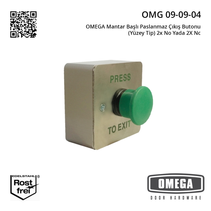 OMEGA Mantar Başlı Paslanmaz Çıkış Butonu (Yüzey Tip) 2x No Yada 2X Nc